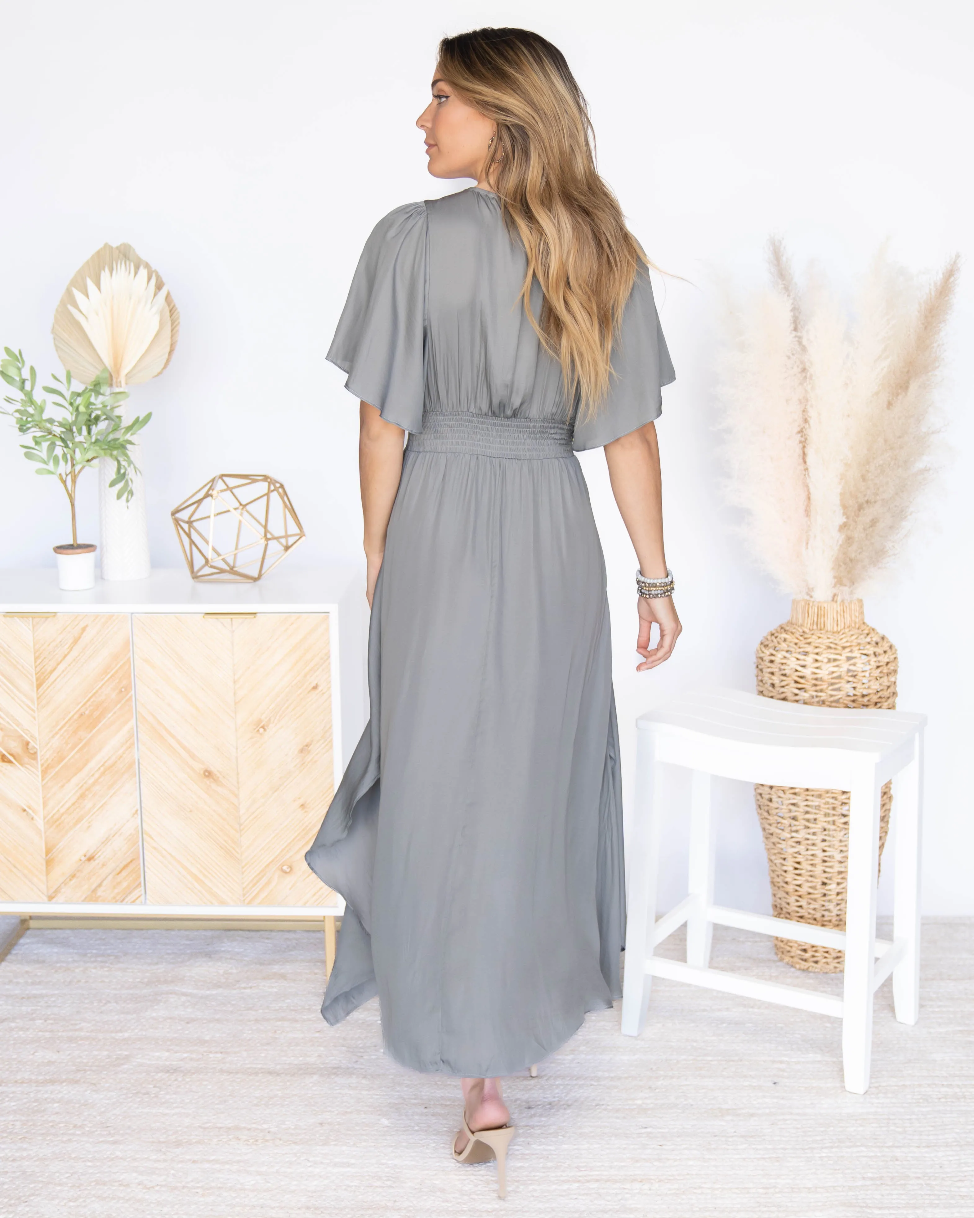 Alanis Flutter Sleeve Satin Midi Dress - Grey