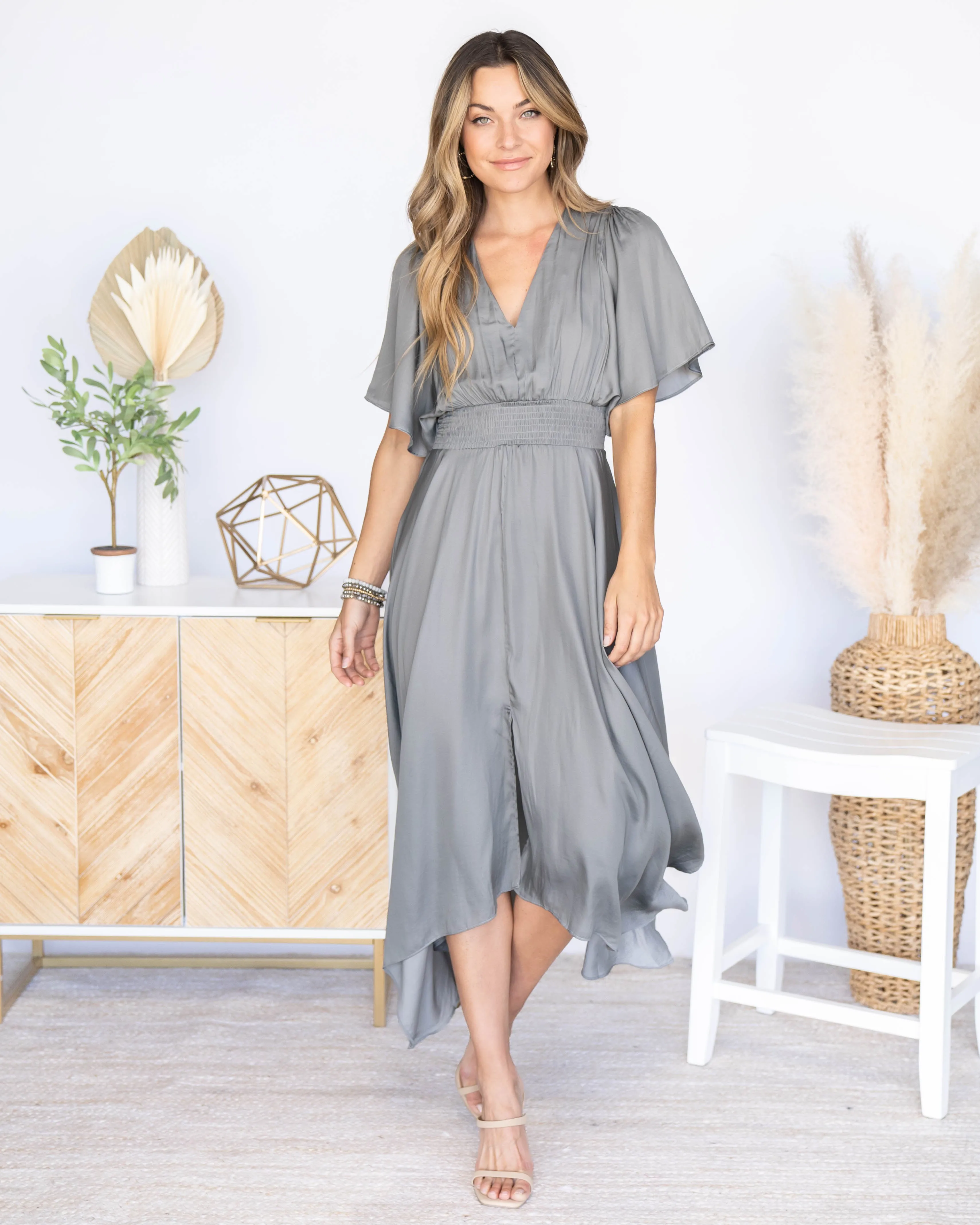 Alanis Flutter Sleeve Satin Midi Dress - Grey