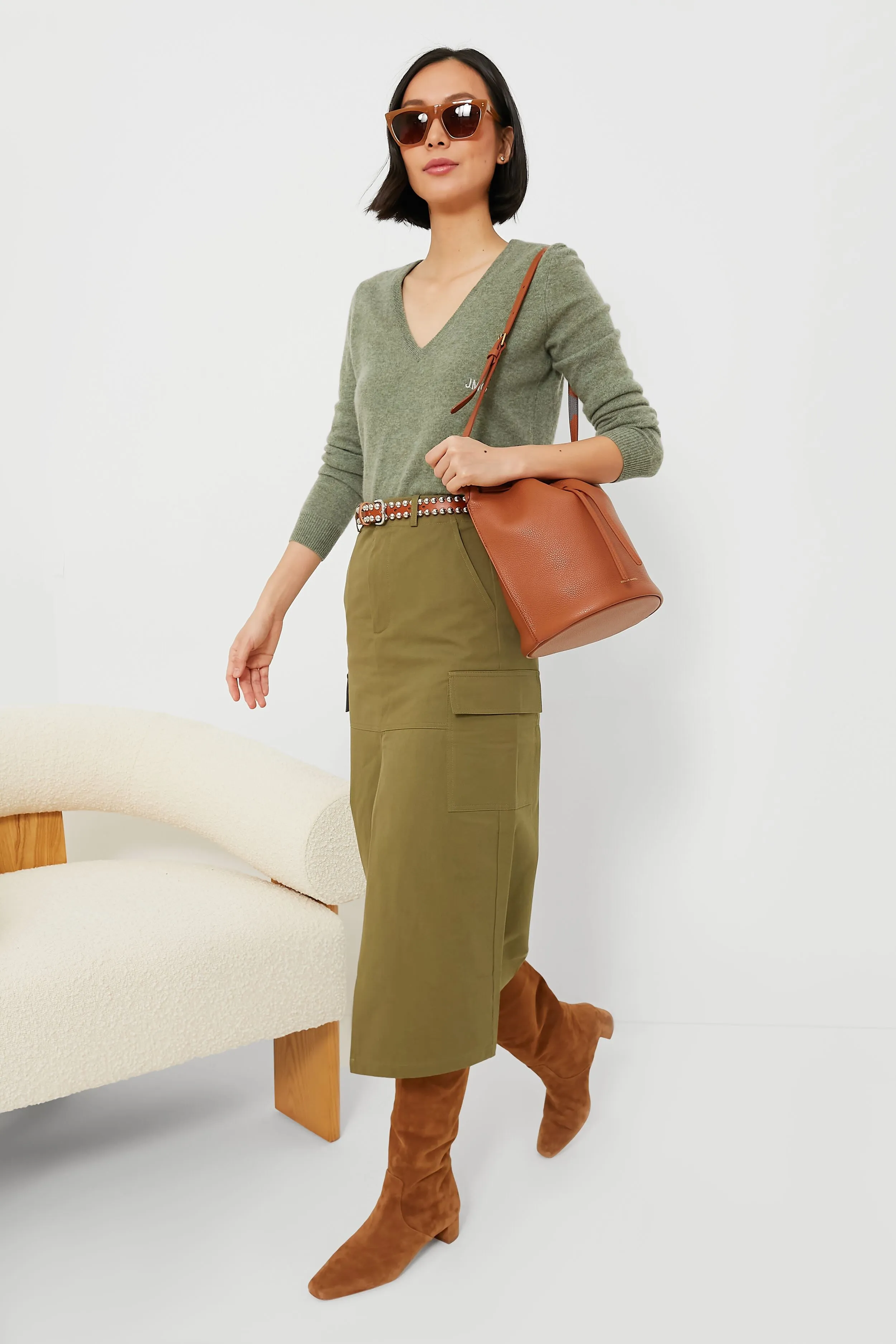 Army Green Cargo Midi Skirt