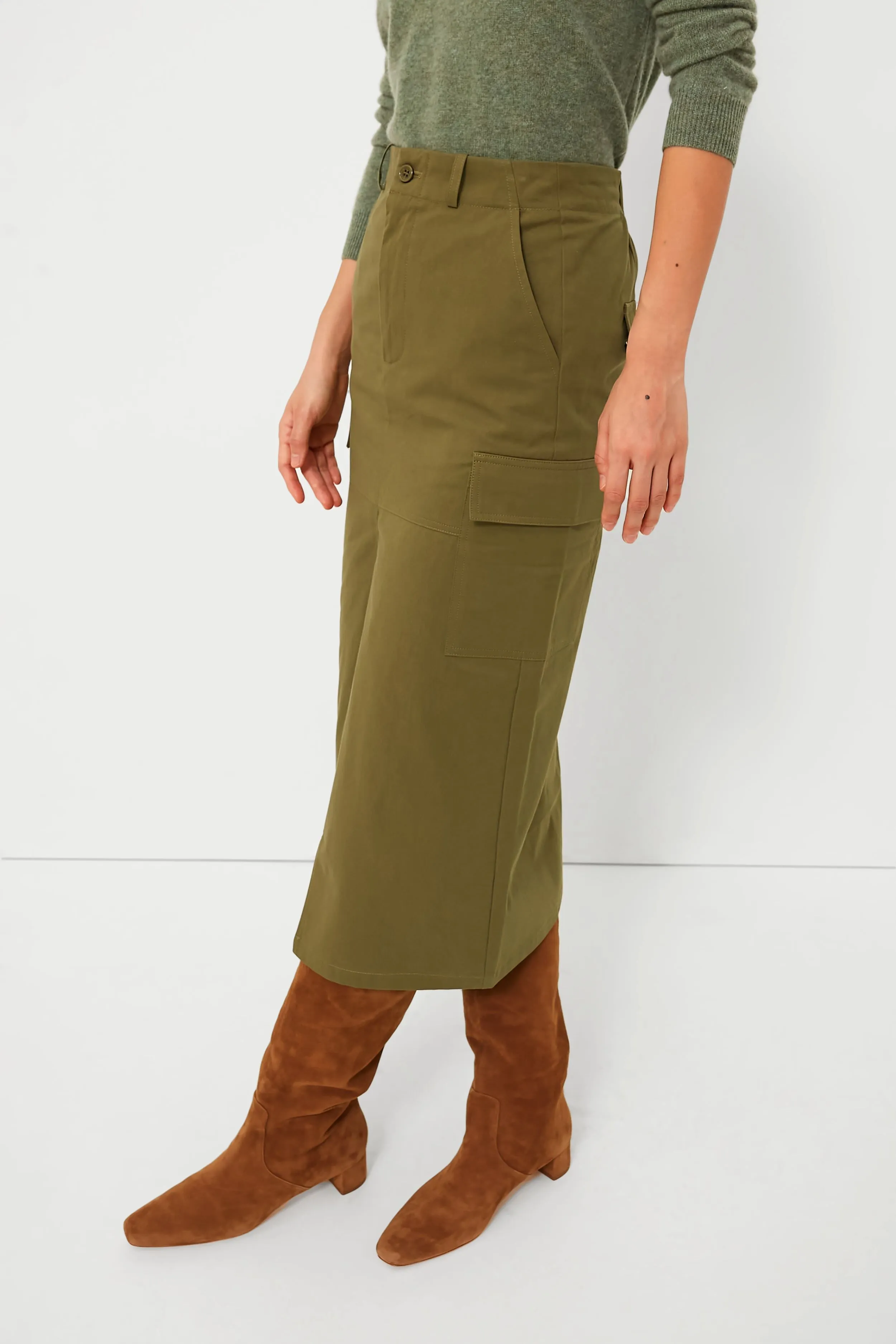 Army Green Cargo Midi Skirt