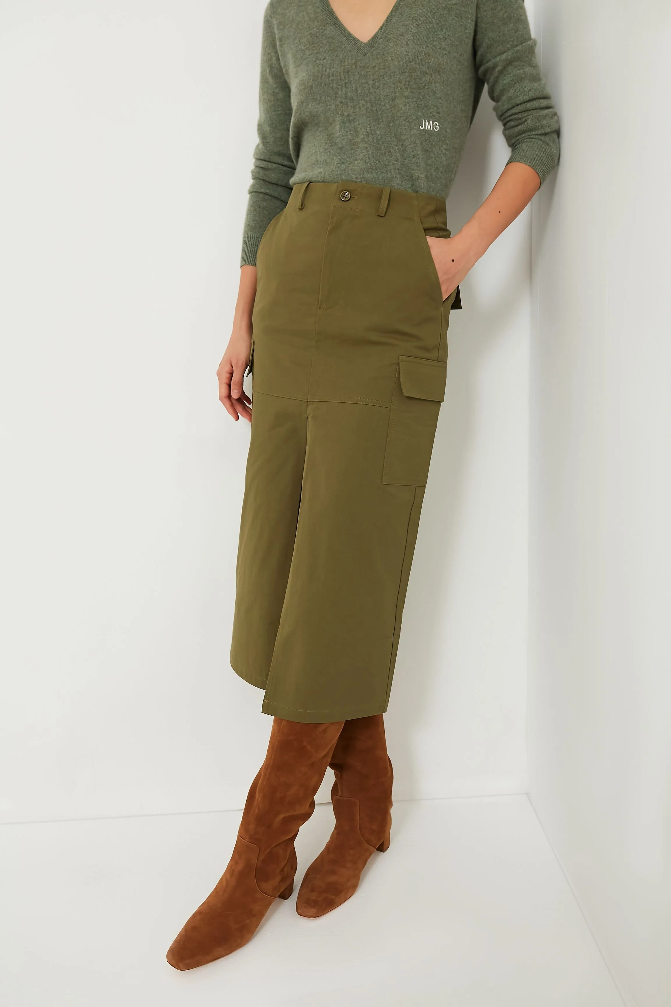 Army Green Cargo Midi Skirt