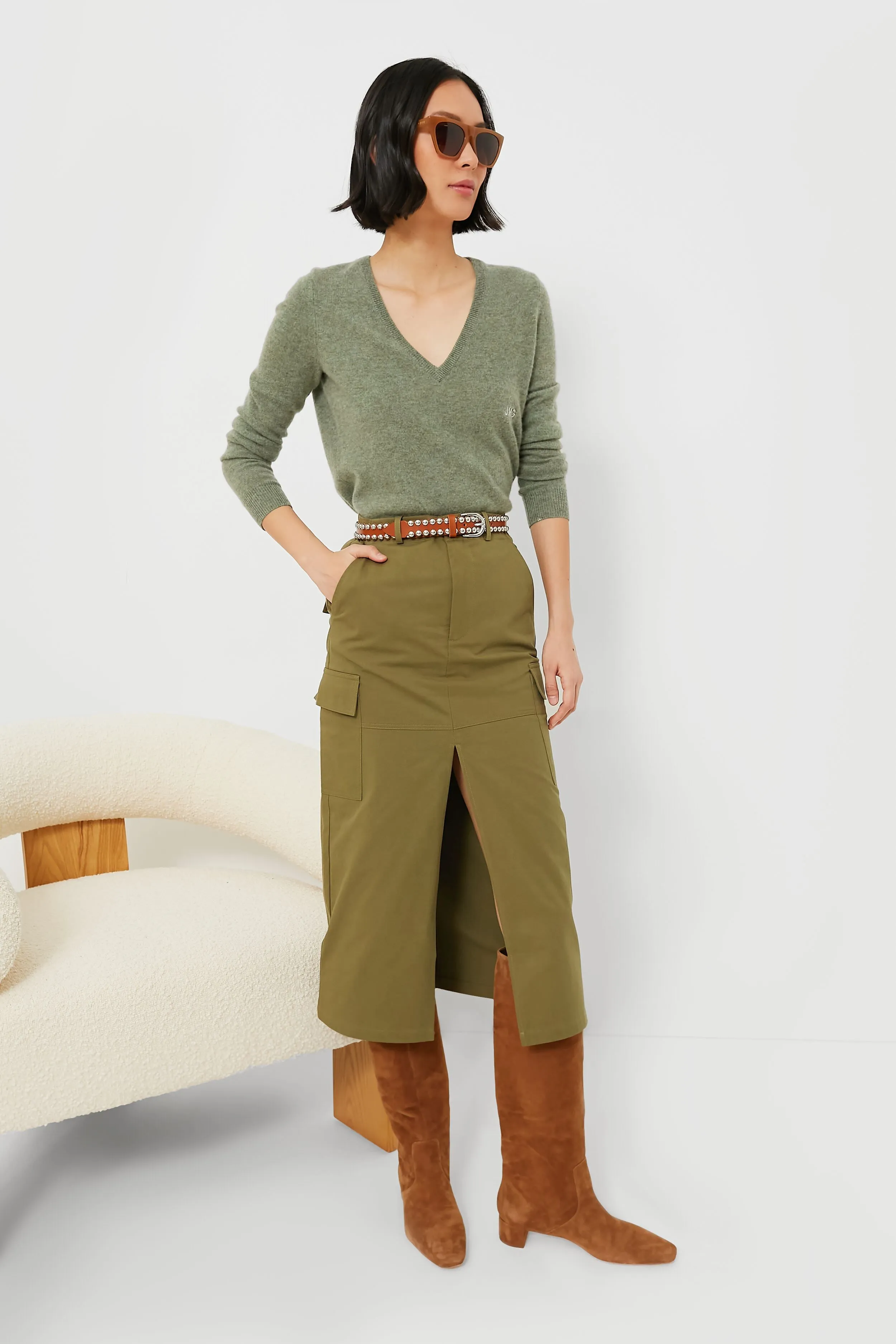 Army Green Cargo Midi Skirt