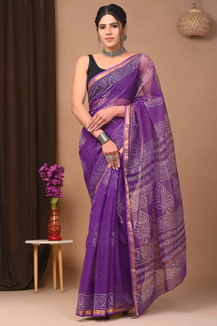 Authentic Royal Purple Traditional Kota Doriya Print Saree