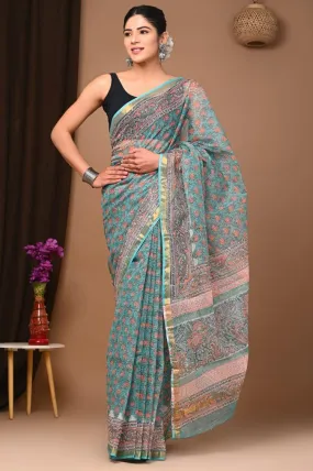 Authentic Turquoise Blue Traditional Kota Doriya Print Saree