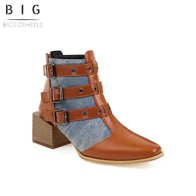 Bigsizeheels Fashion pointed square heel ankle boots - Brown&Blue