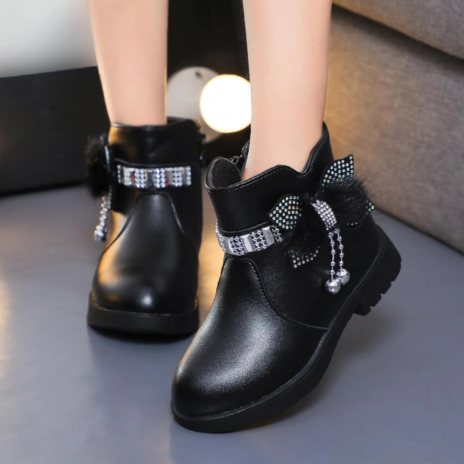 Boots for Girls Cute Bowknot Cowgirl Boots Waterproof Leather Ankle Boots Soft Sole Chelsea Boots Fashion Dress Boots