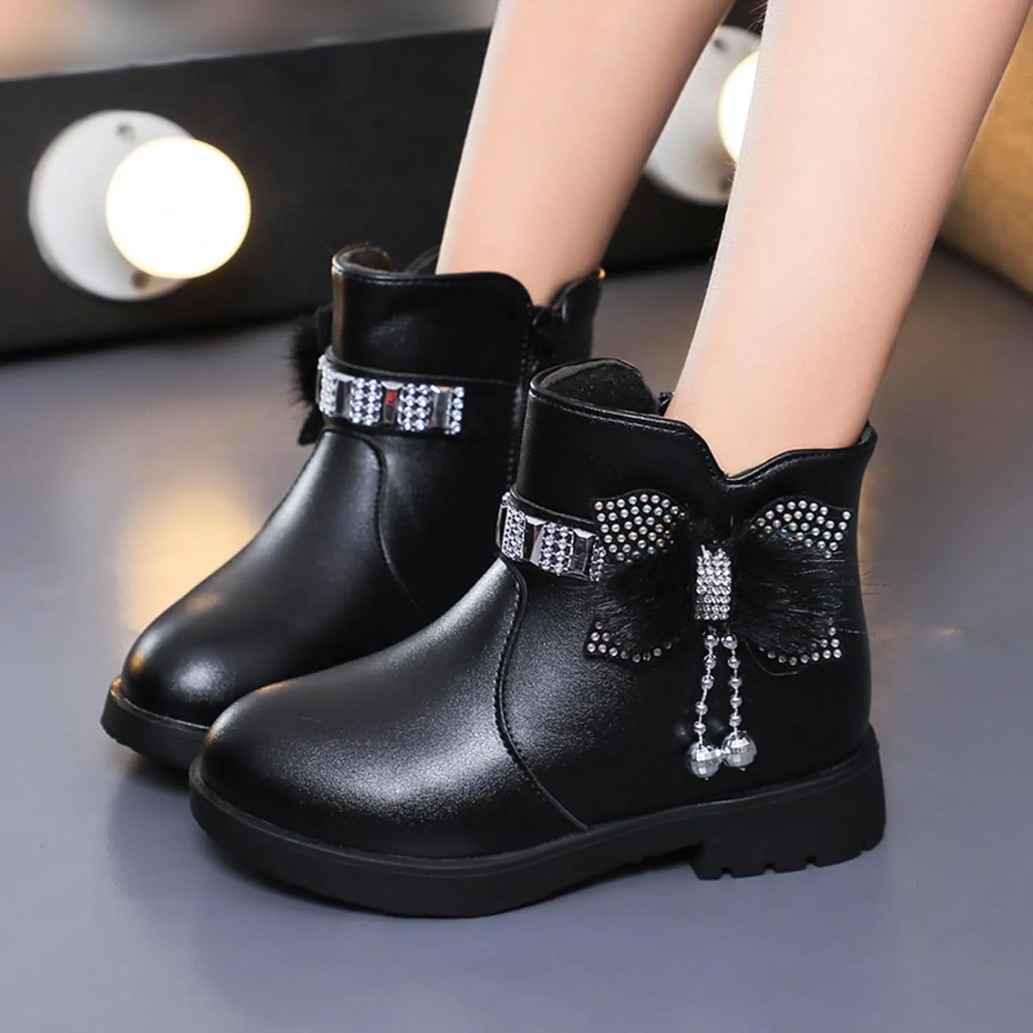 Boots for Girls Cute Bowknot Cowgirl Boots Waterproof Leather Ankle Boots Soft Sole Chelsea Boots Fashion Dress Boots