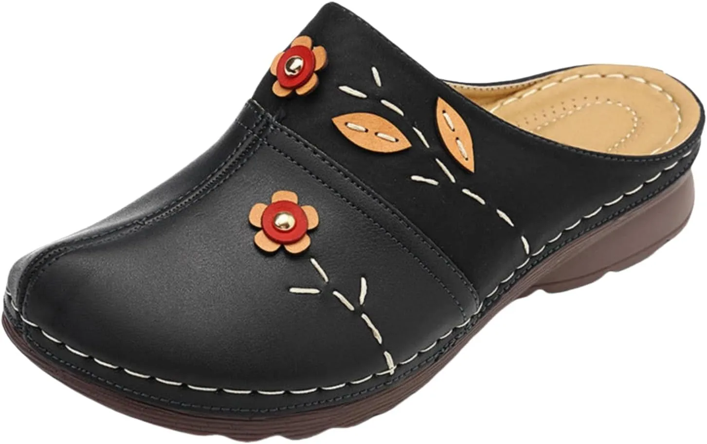 Clogs for Women Mules Shoes Summer Soft Leather Slippers Comfortable Arch Support Closed Toe Sandals Closed Toe Backless Hand Stitching Woven Flower Low Wedge Slip On Shoes