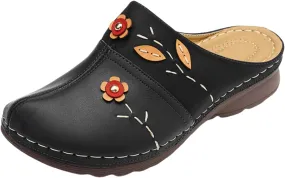 Clogs for Women Mules Shoes Summer Soft Leather Slippers Comfortable Arch Support Closed Toe Sandals Closed Toe Backless Hand Stitching Woven Flower Low Wedge Slip On Shoes