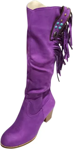 Cowboy Boots For Women Casual Hot Pink Square Heel Thigh High Boots Tassel Knee High Boots Suede Tall Boots