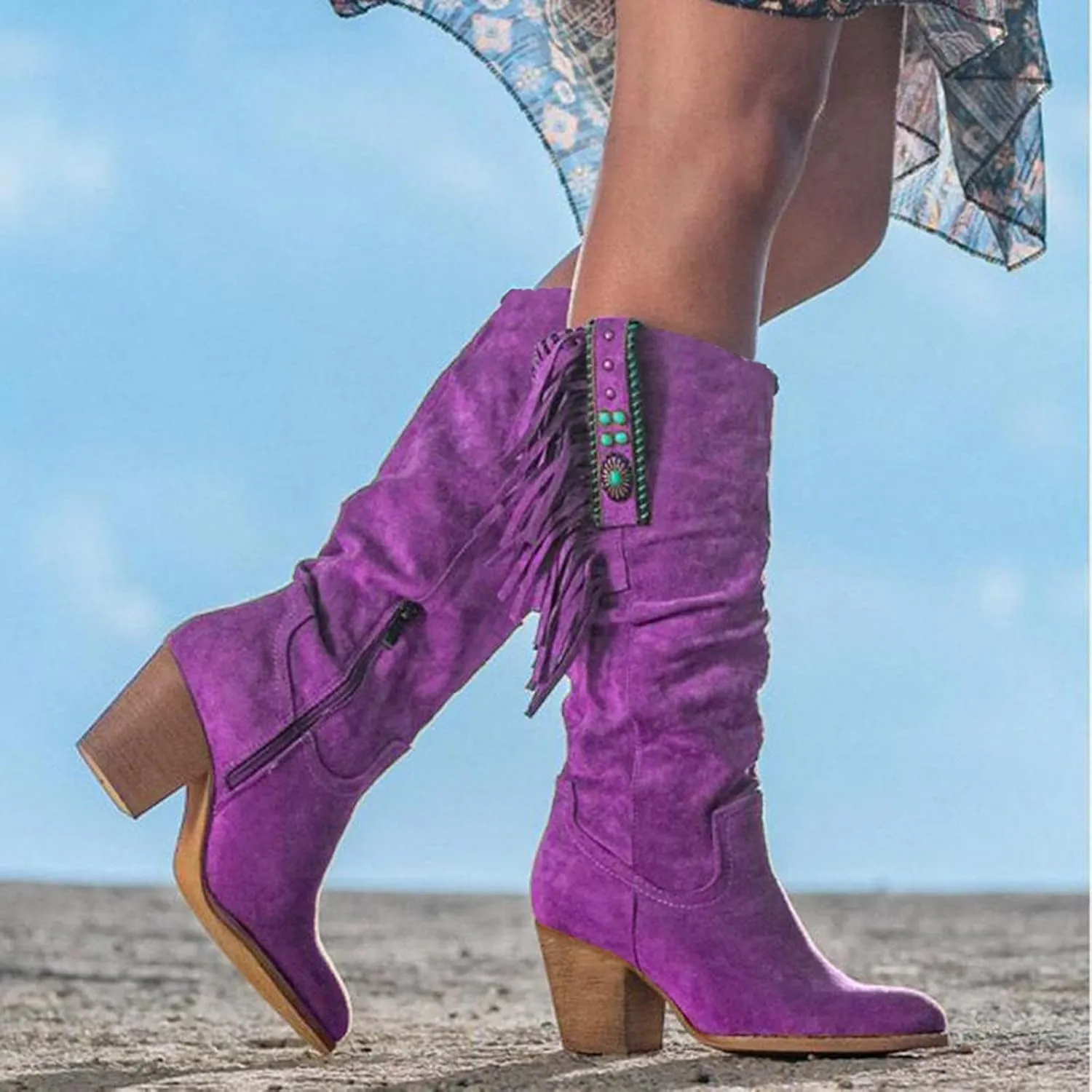 Cowboy Boots For Women Casual Hot Pink Square Heel Thigh High Boots Tassel Knee High Boots Suede Tall Boots