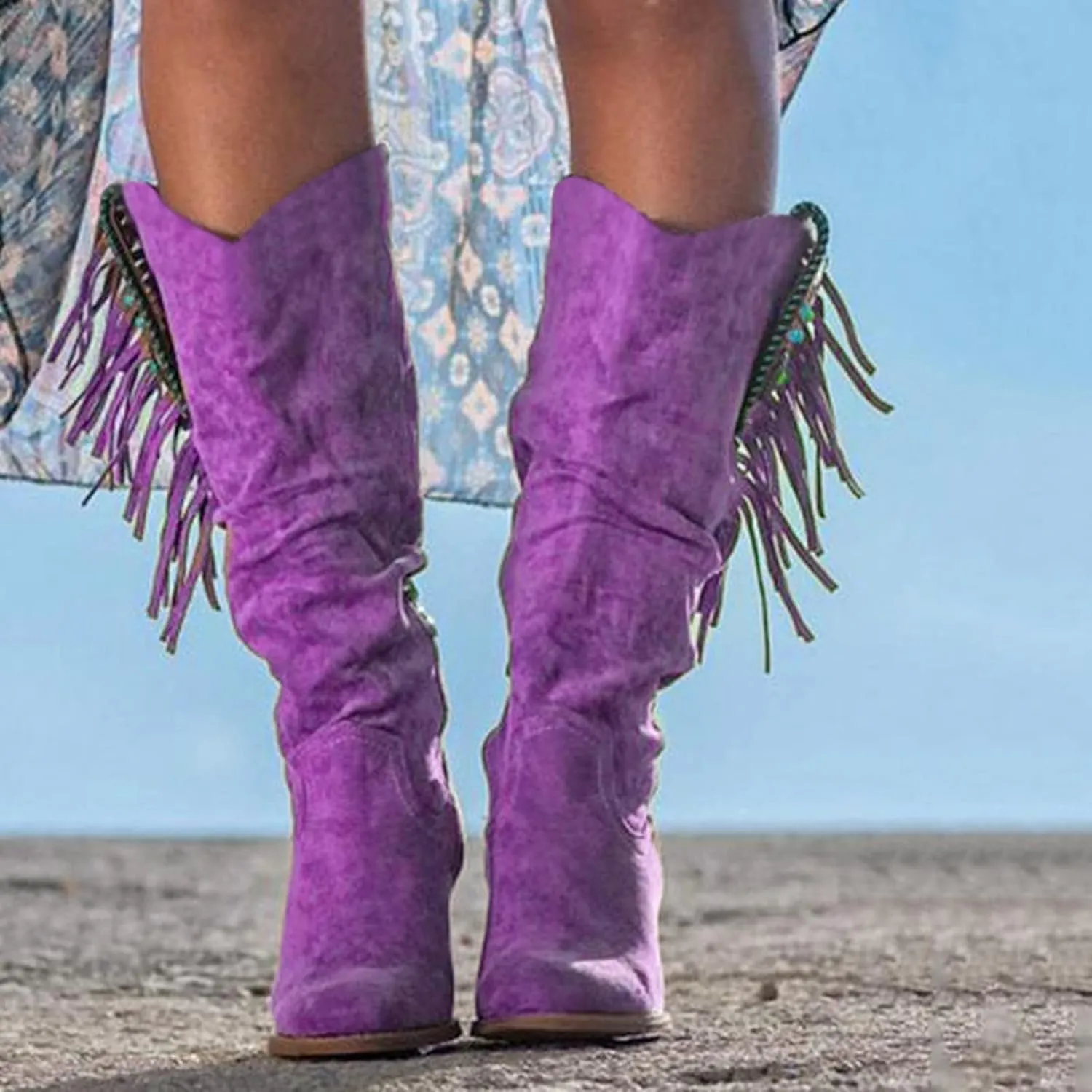 Cowboy Boots For Women Casual Hot Pink Square Heel Thigh High Boots Tassel Knee High Boots Suede Tall Boots