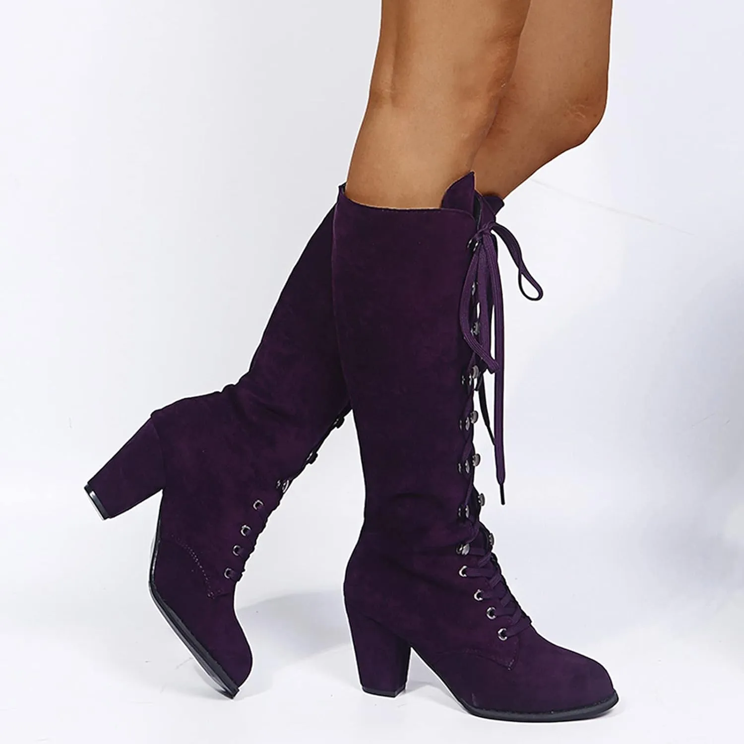 Cowboy Boots For Women Retro Vintage Lace-Up Thigh High Boots Suede Low Chunky Heels Knee High Long Boots