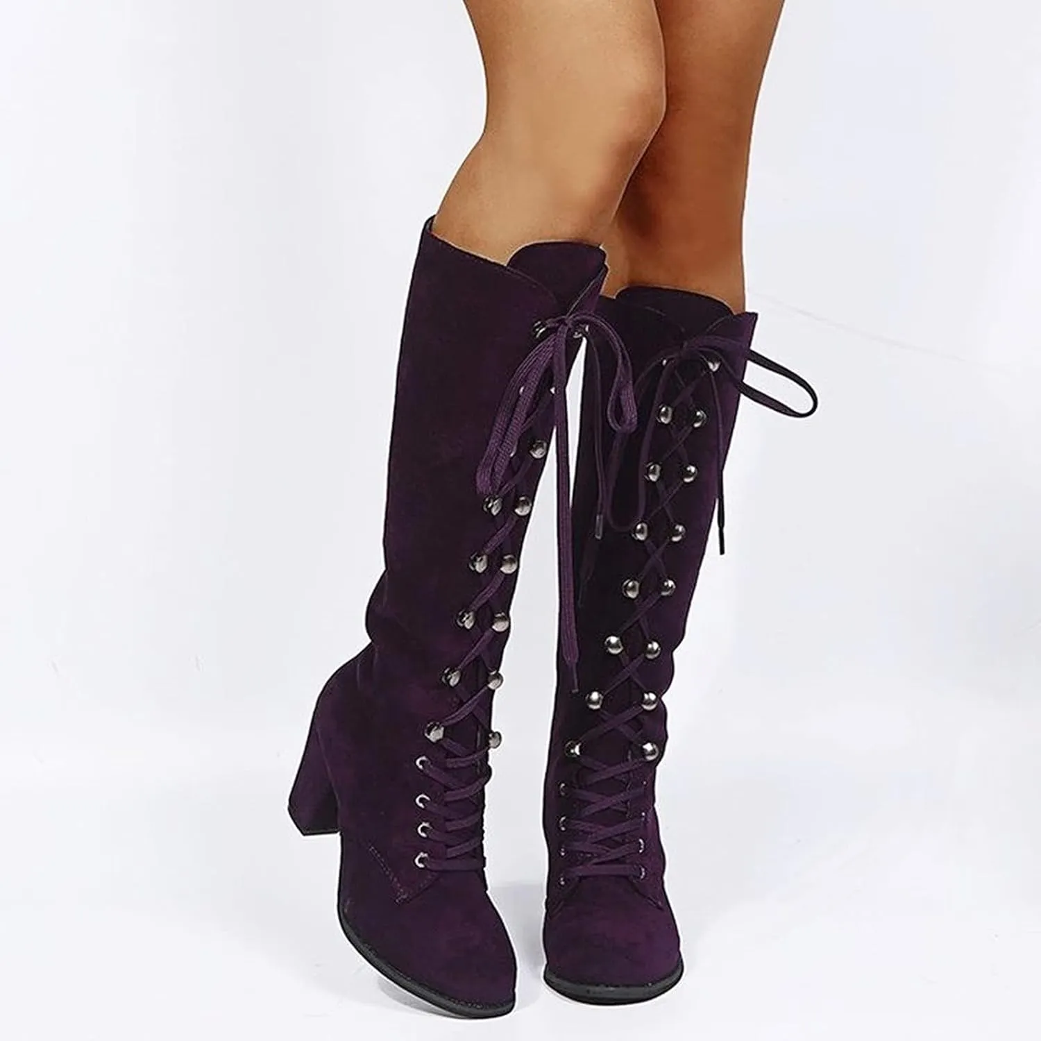 Cowboy Boots For Women Retro Vintage Lace-Up Thigh High Boots Suede Low Chunky Heels Knee High Long Boots