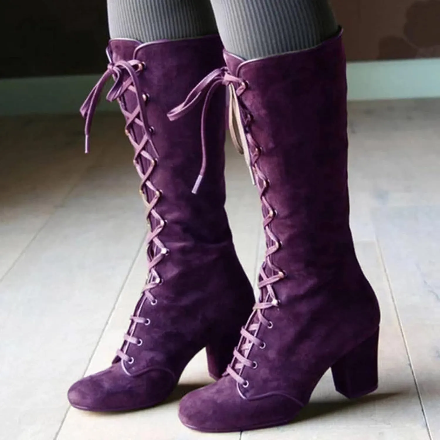 Cowboy Boots For Women Retro Vintage Lace-Up Thigh High Boots Suede Low Chunky Heels Knee High Long Boots