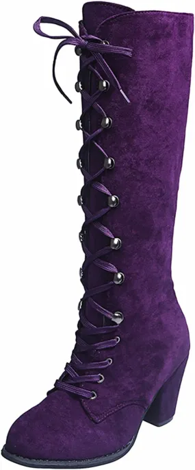 Cowboy Boots For Women Retro Vintage Lace-Up Thigh High Boots Suede Low Chunky Heels Knee High Long Boots