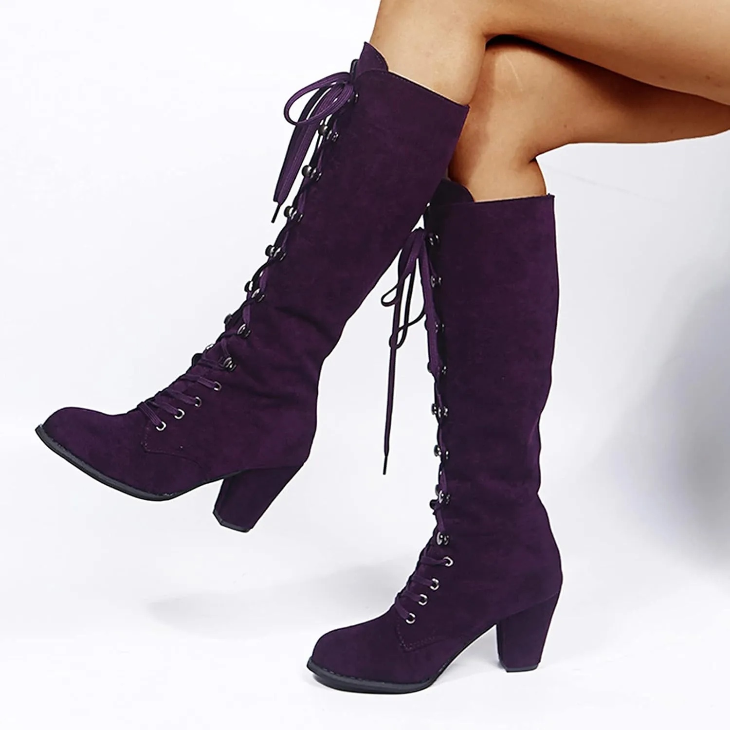 Cowboy Boots For Women Retro Vintage Lace-Up Thigh High Boots Suede Low Chunky Heels Knee High Long Boots