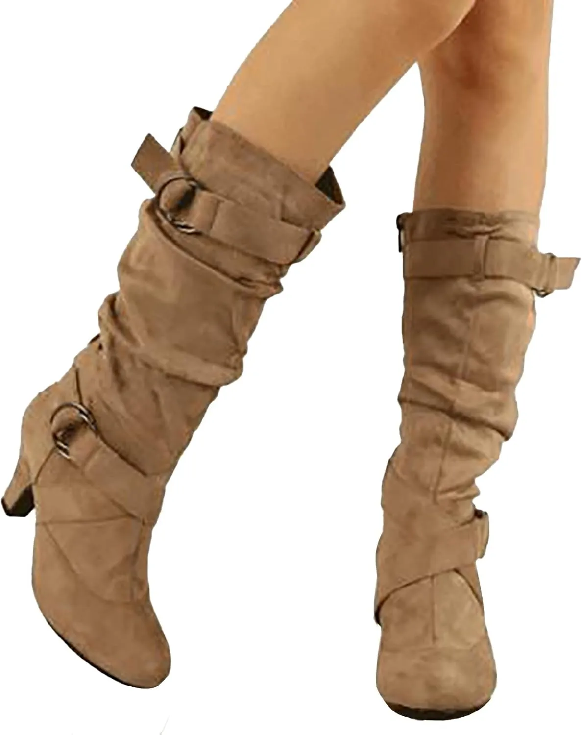 Cowboy Boots For Women Suede Cross Belt Thigh High Boots Low Heeled Pull On Knee High Boots Mid Calf Bootie