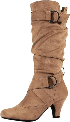 Cowboy Boots For Women Suede Cross Belt Thigh High Boots Low Heeled Pull On Knee High Boots Mid Calf Bootie