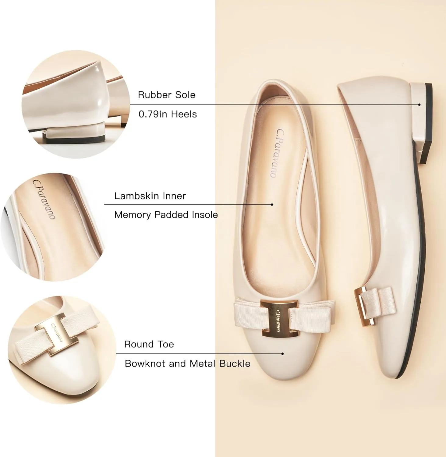 C.Paravano Women's Ballet Flats | Round Toe Bow Accent Shoes with Metallic Buckle | Soft Leather Slip-Ons for Work Commute, Office & Date NightsEvening Events, Business Travel & Dating