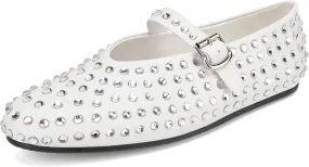 Crystal Rhinestone Flats for Women's Sparkly Ballerina Shoes Buckle Strap Mary Jane Flats Round Toe Casual Dress Shoes- Low Heel Comfort Casual Shoe