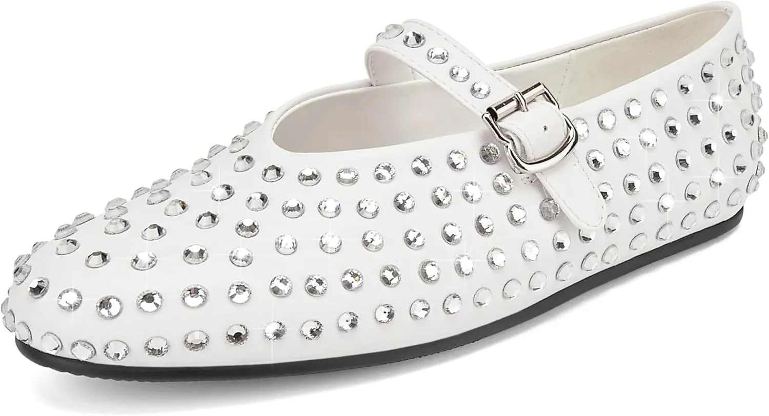 Crystal Rhinestone Flats for Women's Sparkly Ballerina Shoes Buckle Strap Mary Jane Flats Round Toe Casual Dress Shoes- Low Heel Comfort Casual Shoe