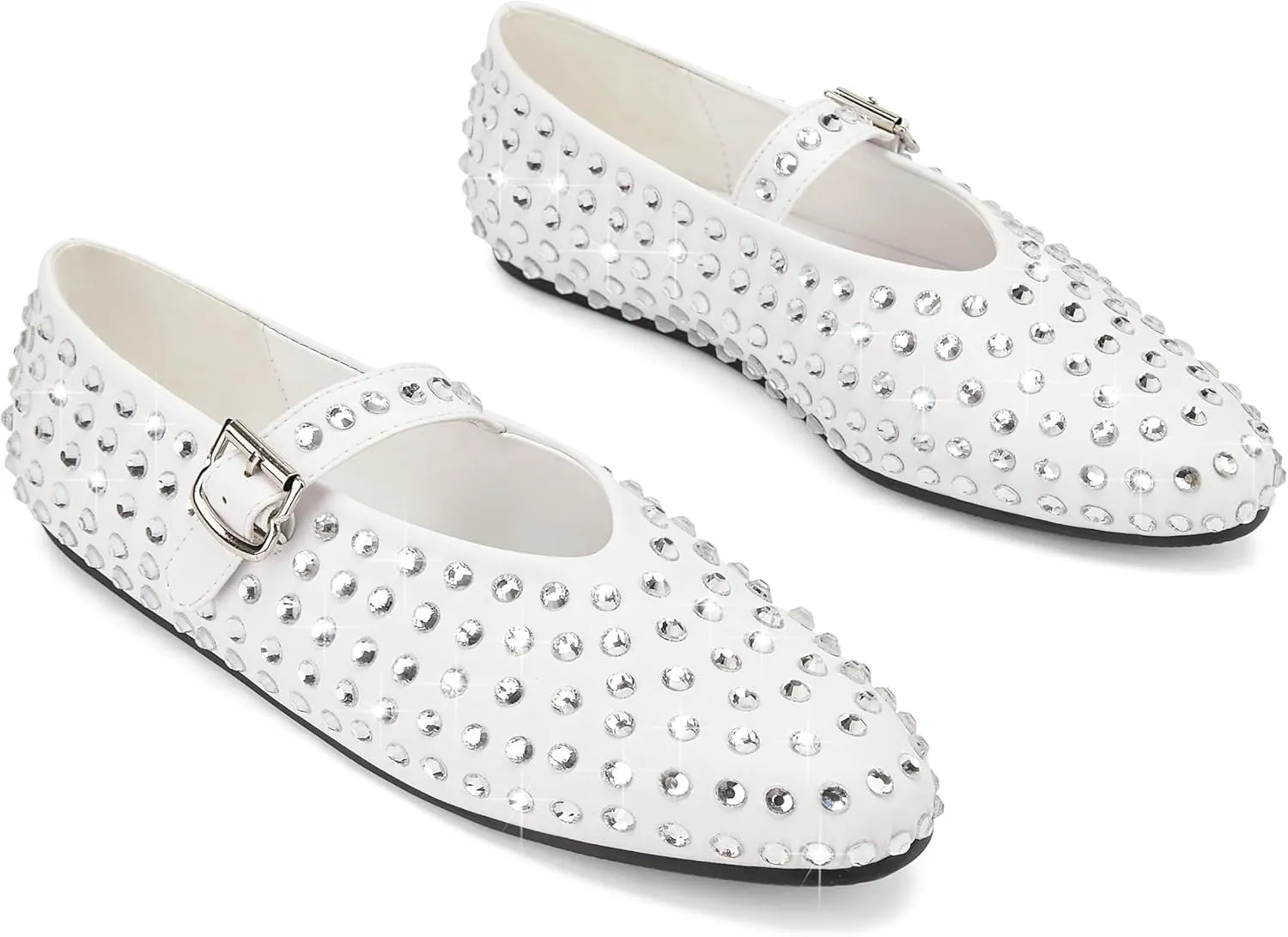 Crystal Rhinestone Flats for Women's Sparkly Ballerina Shoes Buckle Strap Mary Jane Flats Round Toe Casual Dress Shoes- Low Heel Comfort Casual Shoe