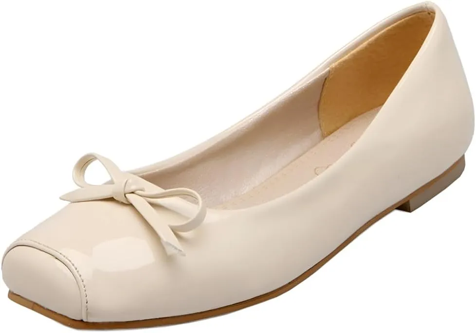 DINTAHA Square Toe Flats with Bow Patent Leather Flats for Women Slip On Ballet Flats
