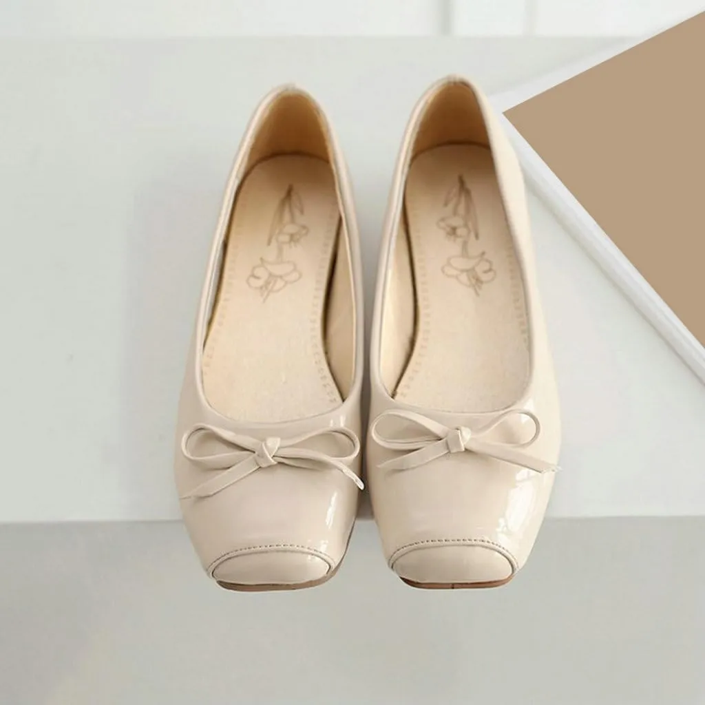 DINTAHA Square Toe Flats with Bow Patent Leather Flats for Women Slip On Ballet Flats