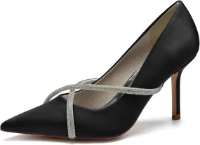 FufoneUS Bridal Shoes Stilettos 3 Inch Slip on Formal Dress Shoes for Ladies Wedding Party Evening Work,Black,5