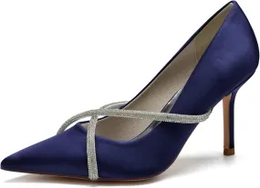FufoneUS Bridal Shoes Stilettos 3 Inch Slip on Formal Dress Shoes for Ladies Wedding Party Evening Work,Dark Blue,7