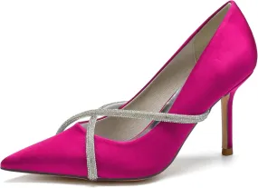 FufoneUS Bridal Shoes Stilettos 3 Inch Slip on Formal Dress Shoes for Ladies Wedding Party Evening Work,Rose red,9