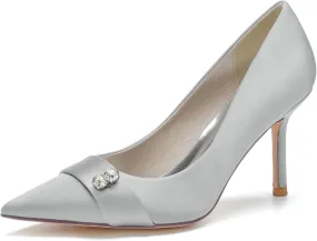 FufoneUS Women's Bridal Shoes Closed Toe 3.35" Stiletto Heel Lace Satin Pumps Evening Wedding Heels,Silver,7