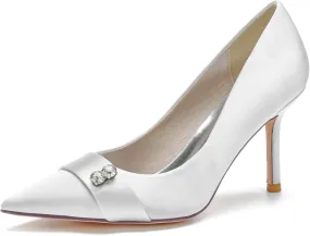 FufoneUS Women's Bridal Shoes Closed Toe 3.35" Stiletto Heel Lace Satin Pumps Evening Wedding Heels,White,5