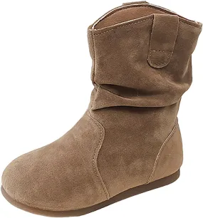 Girls Boots Kids Boys Winter Snow Suede Mid Calf Boots Faux Fur Lined Pull On Slouchy Snow Boots