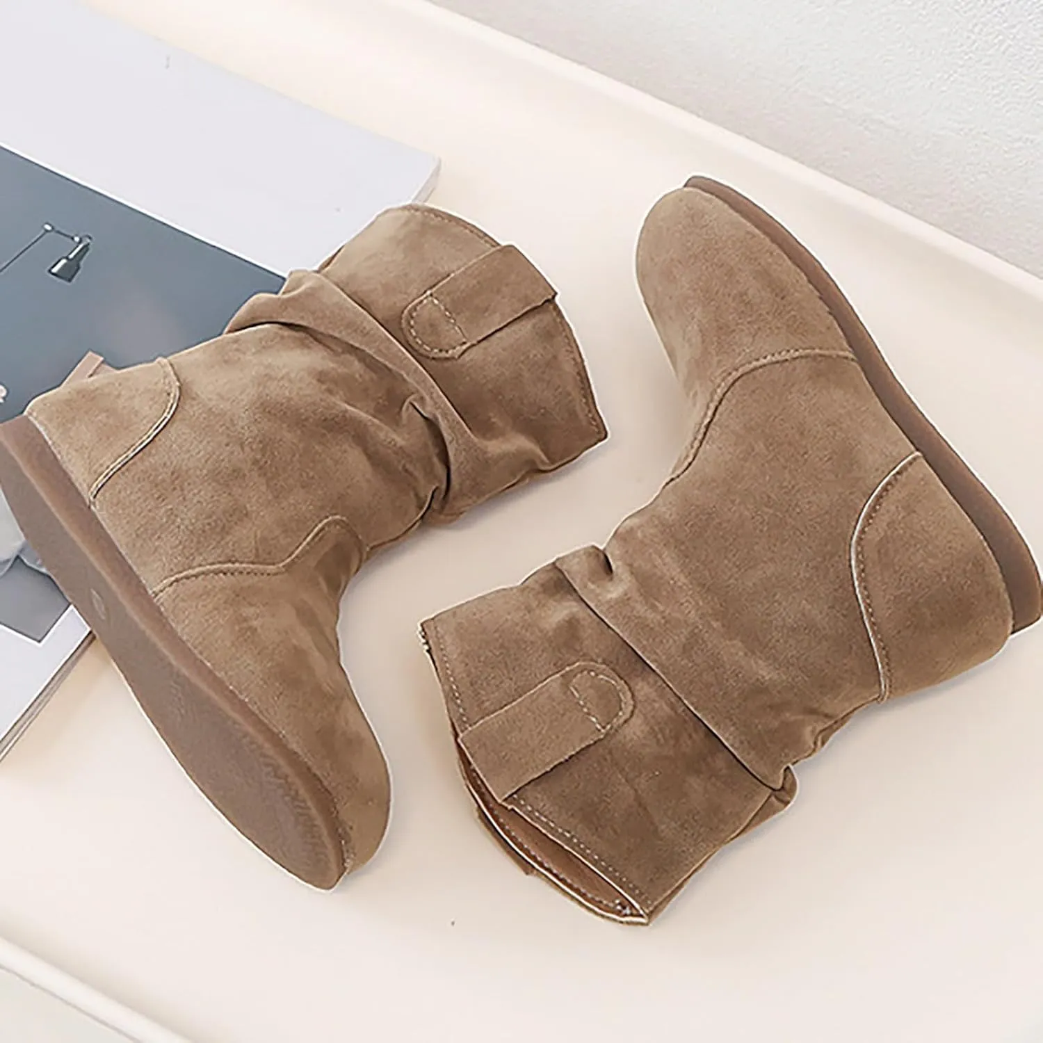Girls Boots Kids Boys Winter Snow Suede Mid Calf Boots Faux Fur Lined Pull On Slouchy Snow Boots