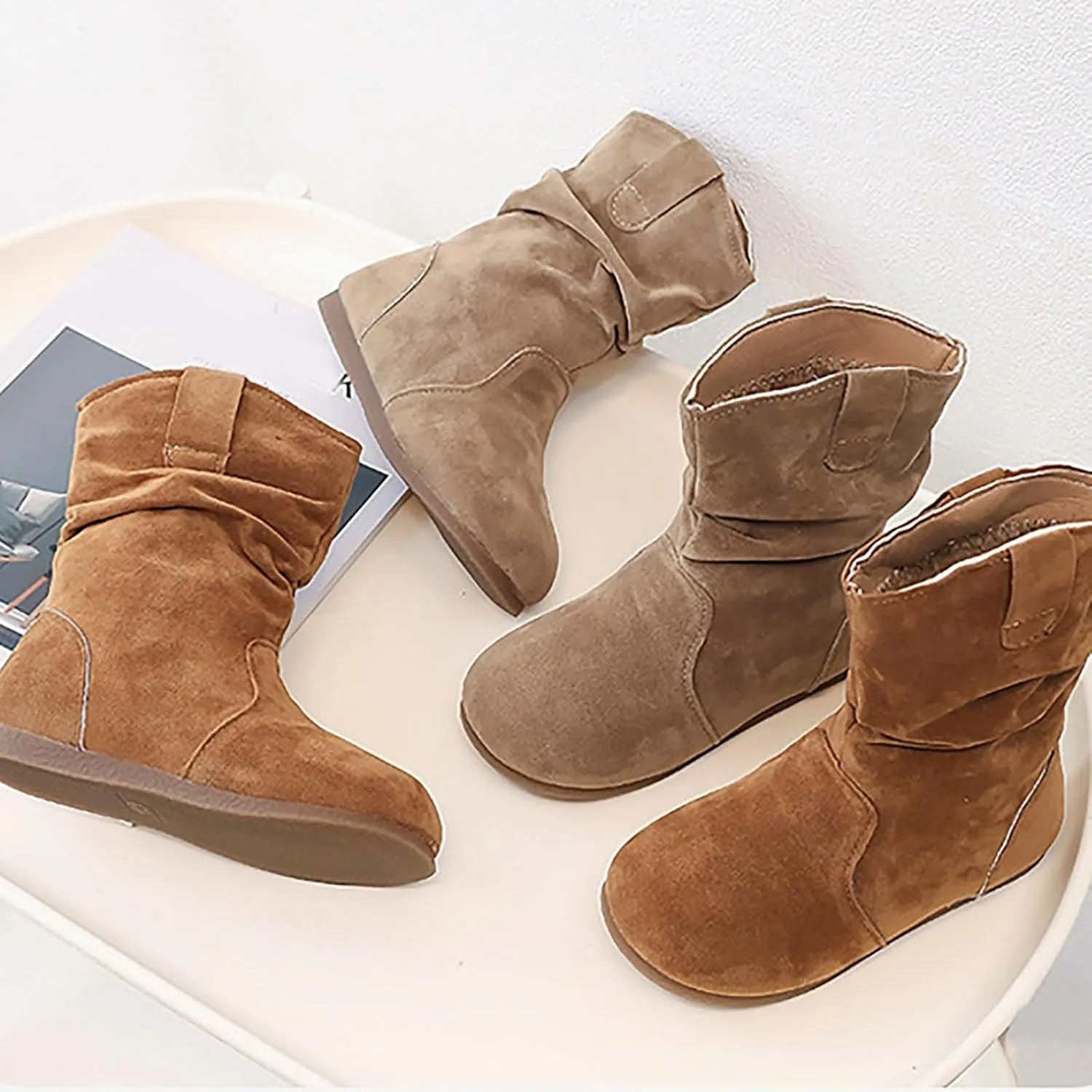 Girls Boots Kids Boys Winter Snow Suede Mid Calf Boots Faux Fur Lined Pull On Slouchy Snow Boots