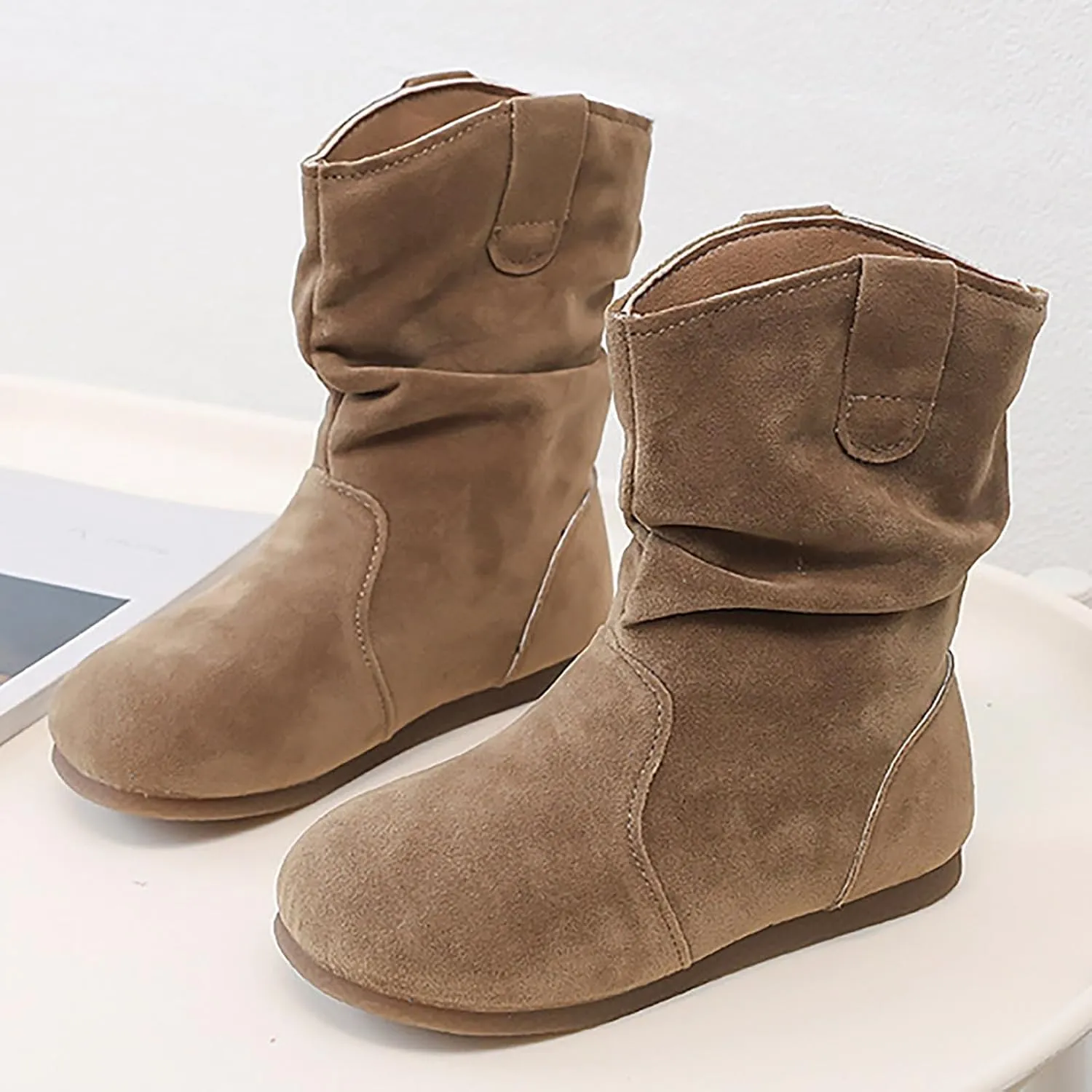 Girls Boots Kids Boys Winter Snow Suede Mid Calf Boots Faux Fur Lined Pull On Slouchy Snow Boots