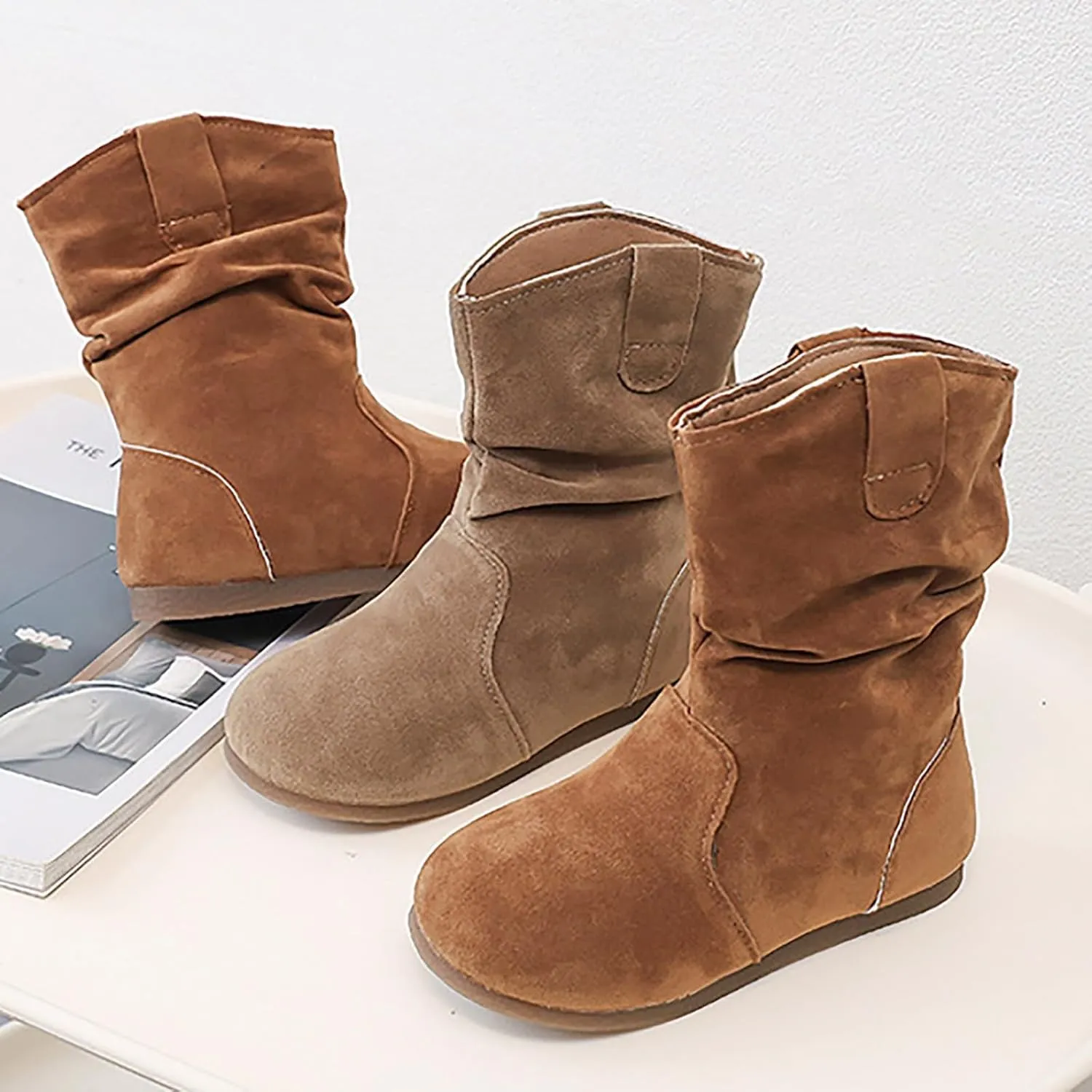 Girls Boots Kids Boys Winter Snow Suede Mid Calf Boots Faux Fur Lined Pull On Slouchy Snow Boots