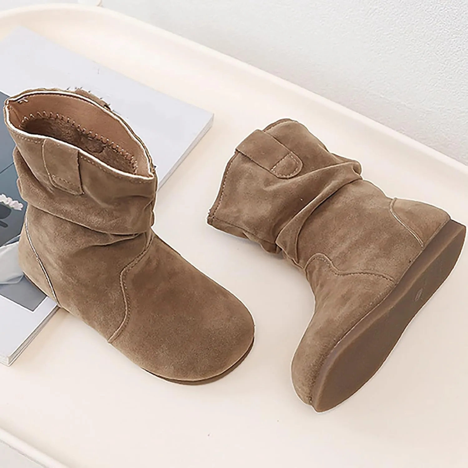Girls Boots Kids Boys Winter Snow Suede Mid Calf Boots Faux Fur Lined Pull On Slouchy Snow Boots