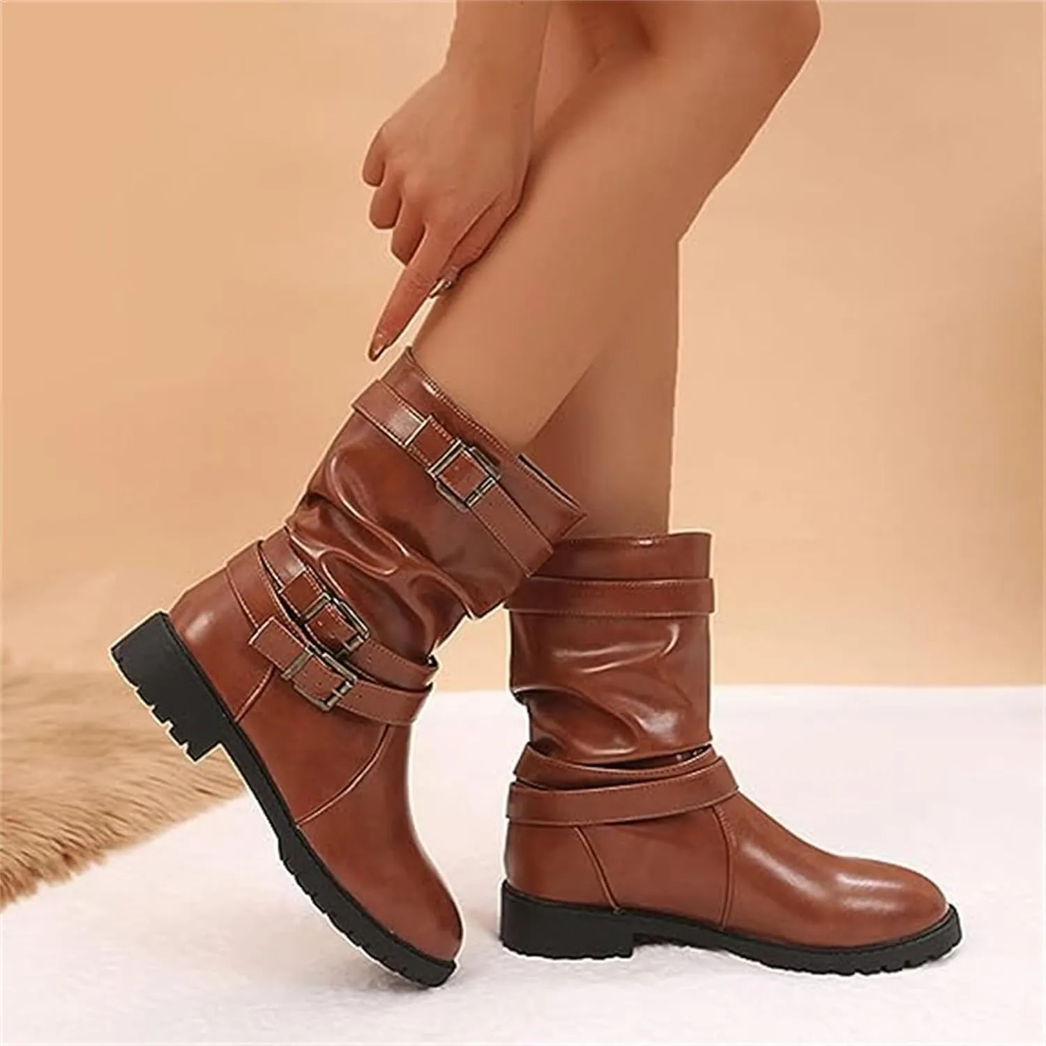 Ladmiple Boots For Women Ankle Booties Comfortable Biker Boots Mid Calf Low Heel Motorcycle Combat Riding Military Boots