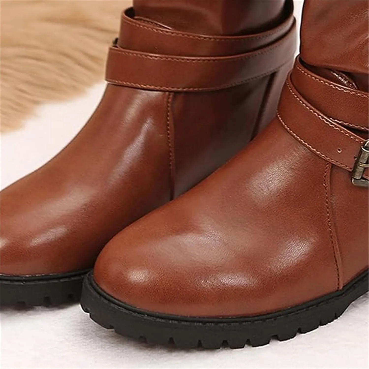 Ladmiple Boots For Women Ankle Booties Comfortable Biker Boots Mid Calf Low Heel Motorcycle Combat Riding Military Boots
