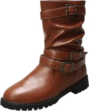 Ladmiple Boots For Women Ankle Booties Comfortable Biker Boots Mid Calf Low Heel Motorcycle Combat Riding Military Boots