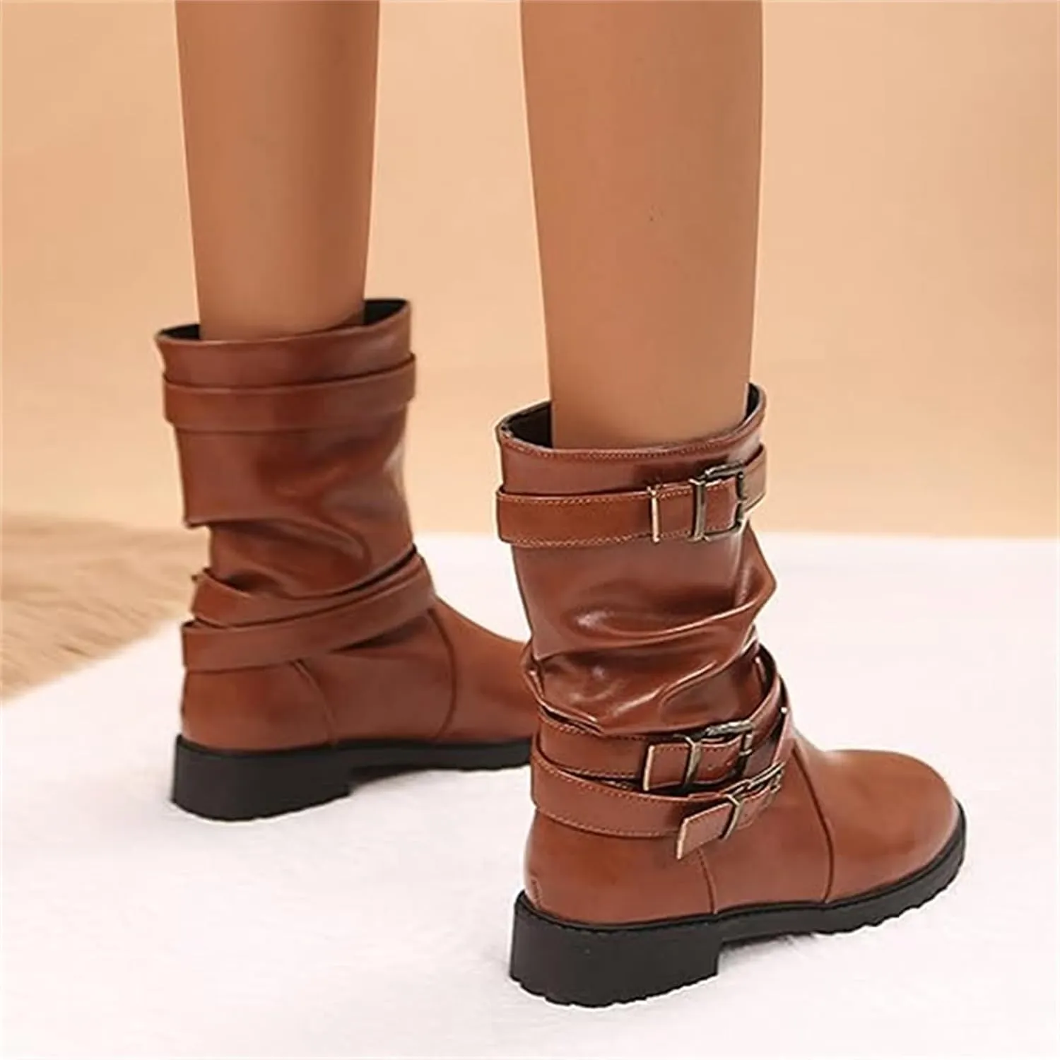 Ladmiple Boots For Women Ankle Booties Comfortable Biker Boots Mid Calf Low Heel Motorcycle Combat Riding Military Boots