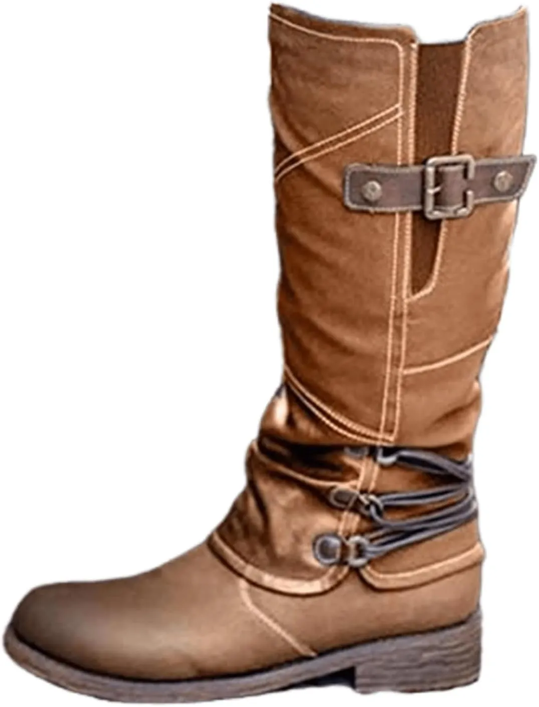 Ladmiple Boots For Women Knee High Wide Calf Leather Riding Winter Boots Side Zipper Low Heel Motorcycle Combat Biker Boots