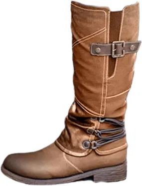 Ladmiple Boots For Women Knee High Wide Calf Leather Riding Winter Boots Side Zipper Low Heel Motorcycle Combat Biker Boots