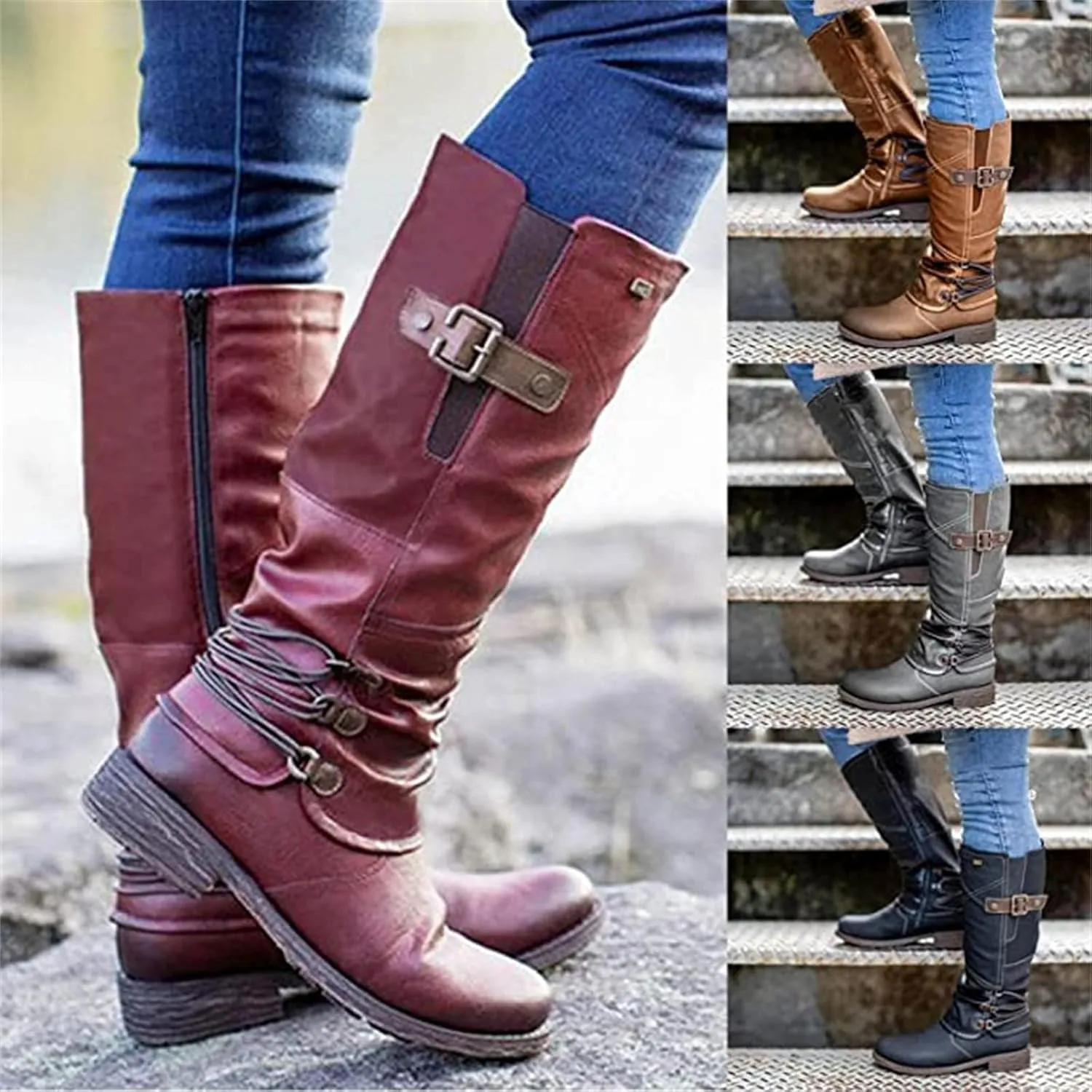 Ladmiple Boots For Women Knee High Wide Calf Leather Riding Winter Boots Side Zipper Low Heel Motorcycle Combat Biker Boots