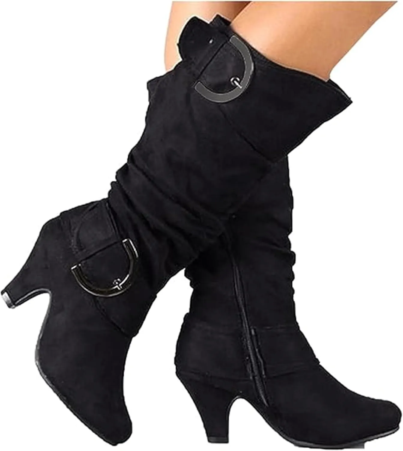 Ladmiple Fall Boots Women Knee High Wide Calf Chunky Stacked Low Block Heels Lace Up Classic Vintage Sexy Dress Shoes