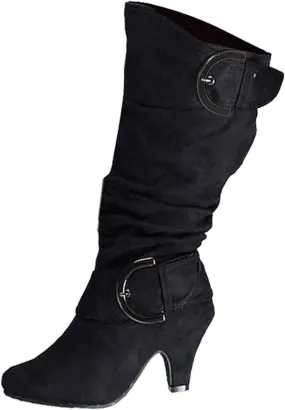Ladmiple Fall Boots Women Knee High Wide Calf Chunky Stacked Low Block Heels Lace Up Classic Vintage Sexy Dress Shoes