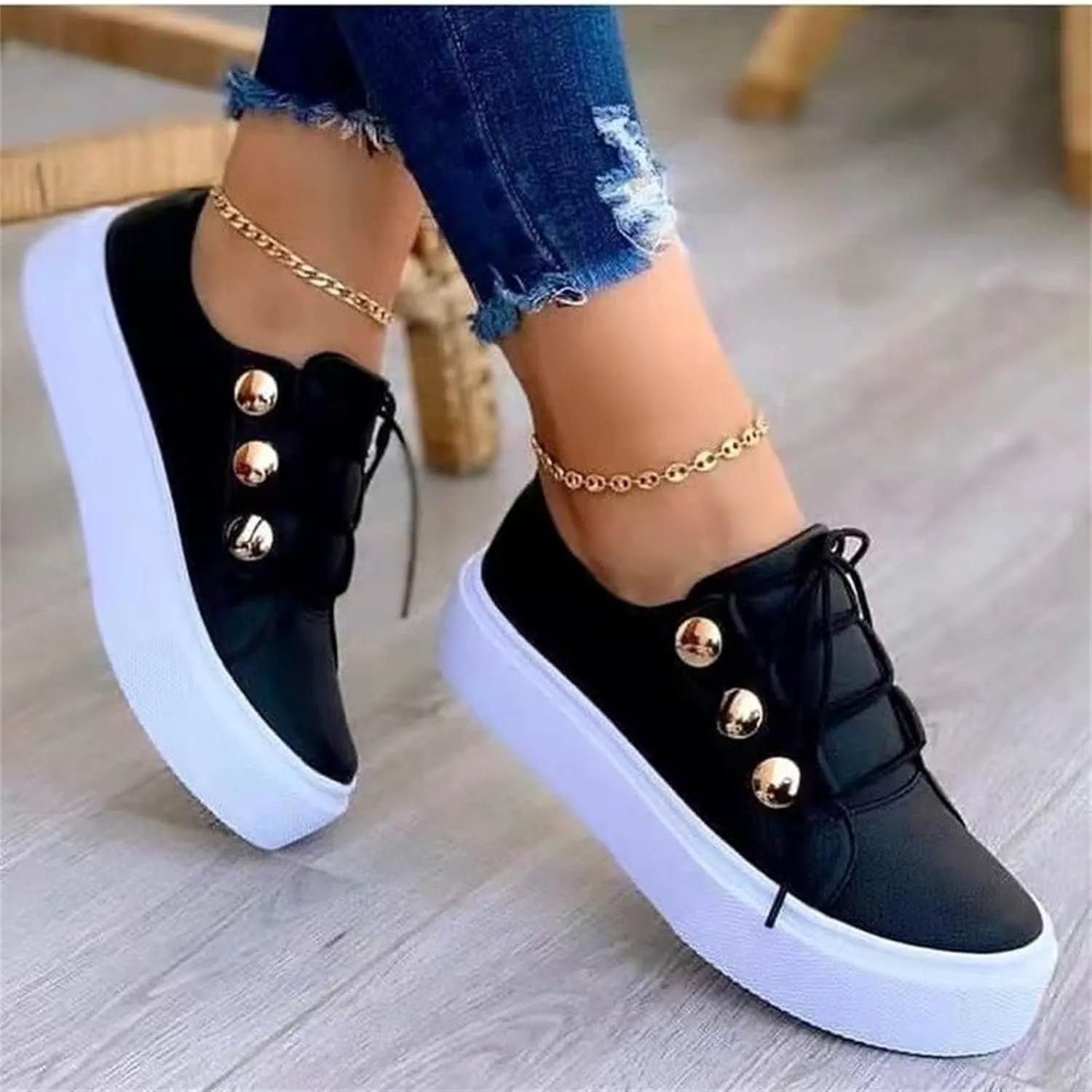 Ladmiple Sneakers For Women Slip On Wide Width Fashion Leather Walking Shoes Casual Summer Lace Up Platform Flats Loafer
